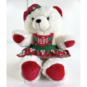 Vintage 1990 Kmart Dan Dee Christmas Girl Teddy Bear Argyle Dress Hat Plush NWT